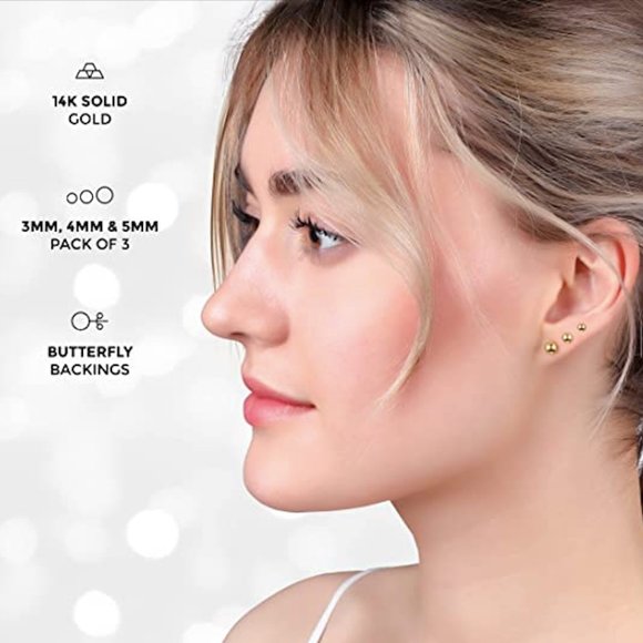 14K Solid Gold Ball Stud Earrings Set - Picture 3 of 7